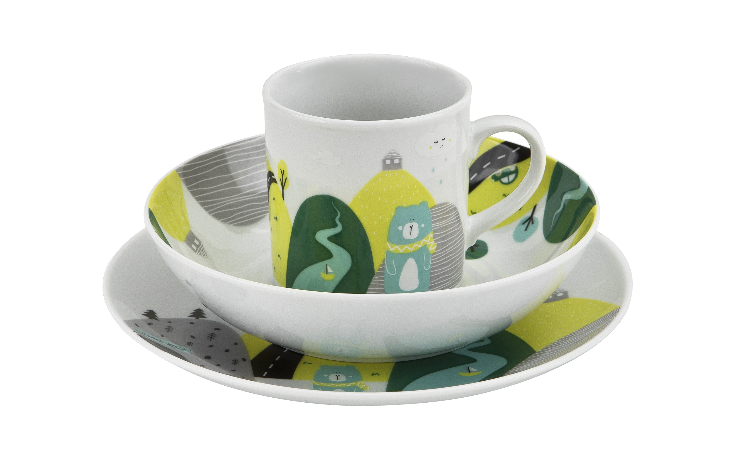 Zestaw naczyń dla dzieci Domek misia zielony porcelanowy