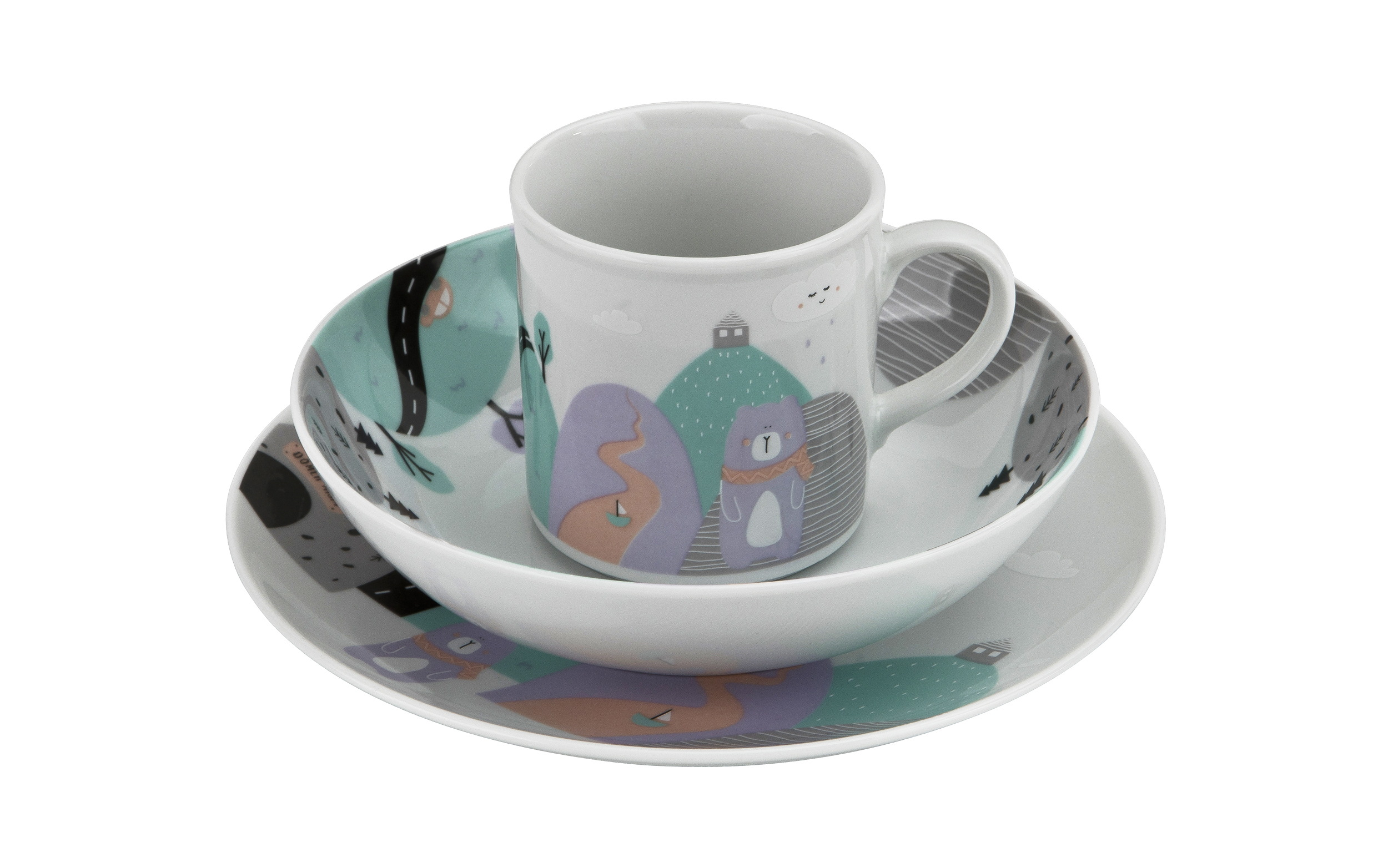Zestaw naczyń dla dzieci Domek misia fioletowy porcelanowy