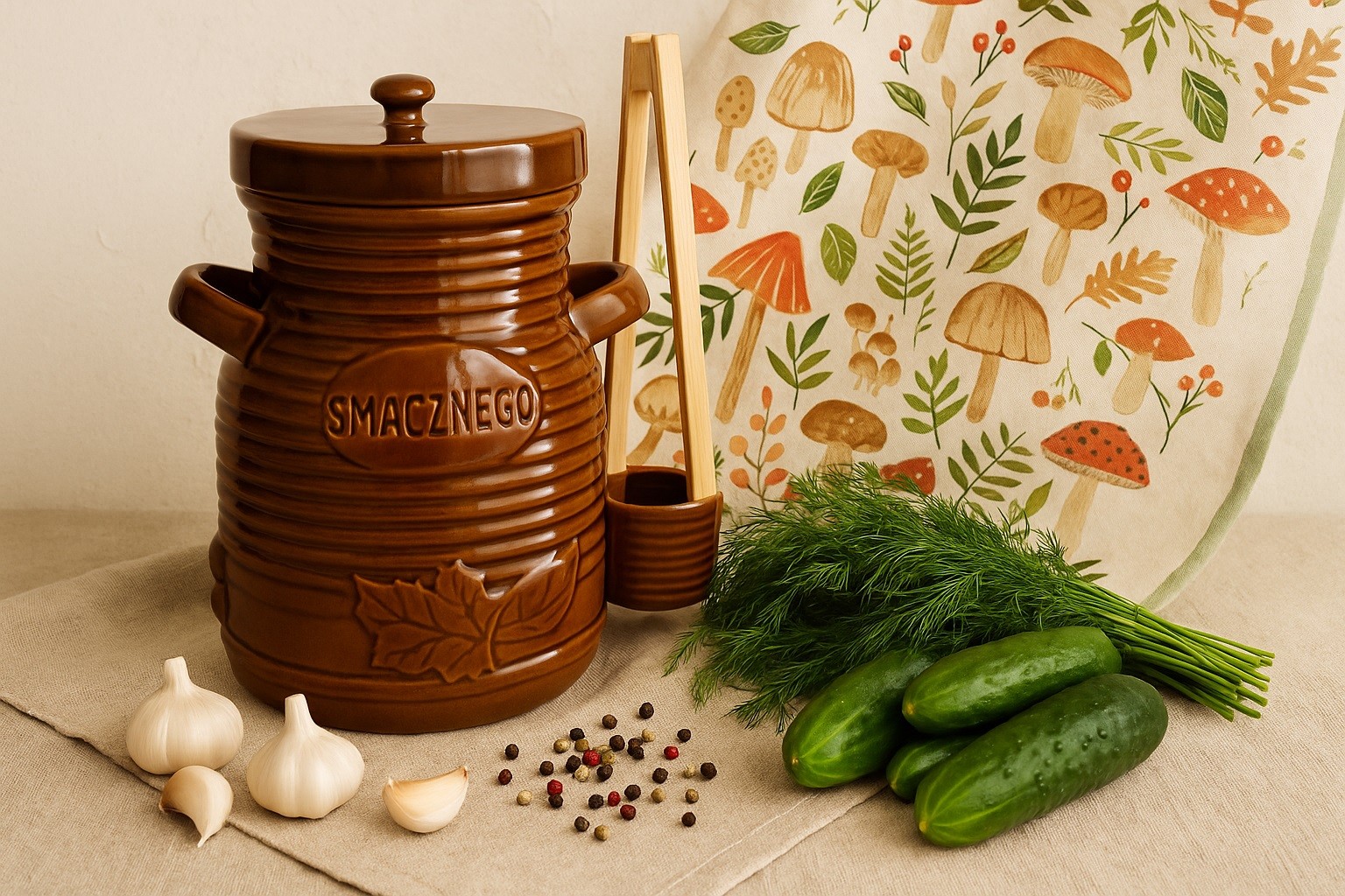 Pojemnik ceramiczny 3,5 L na ogórki ze szczypcami Smacznego 3163