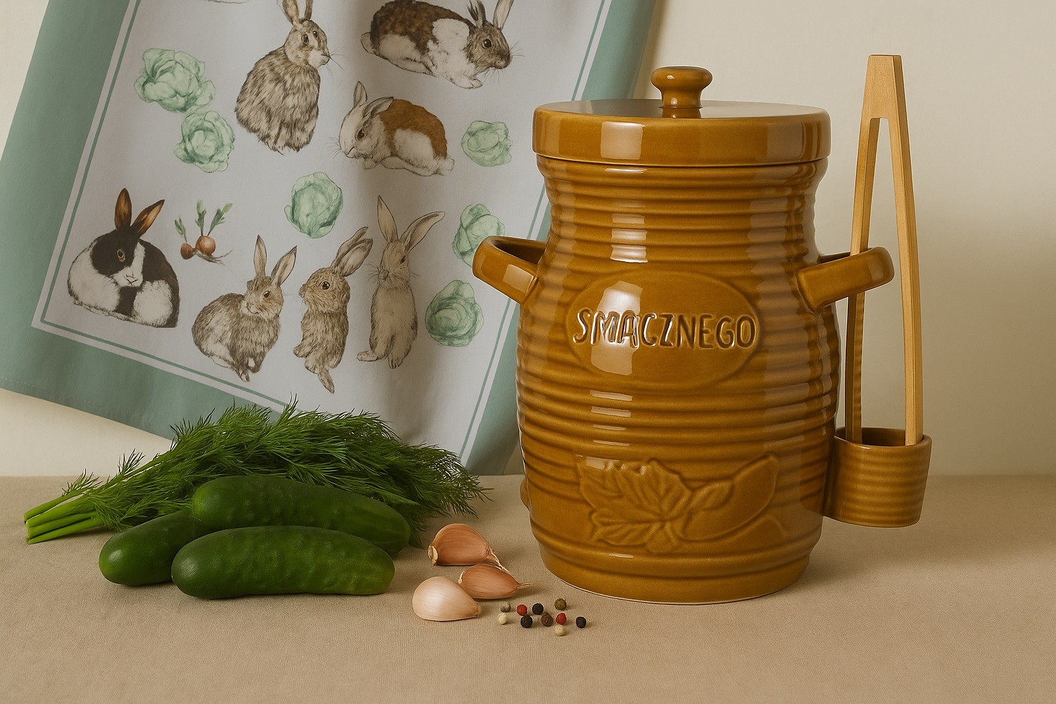 Pojemnik ceramiczny 3,5 L na ogórki ze szczypcami Smacznego 3170 miodowy