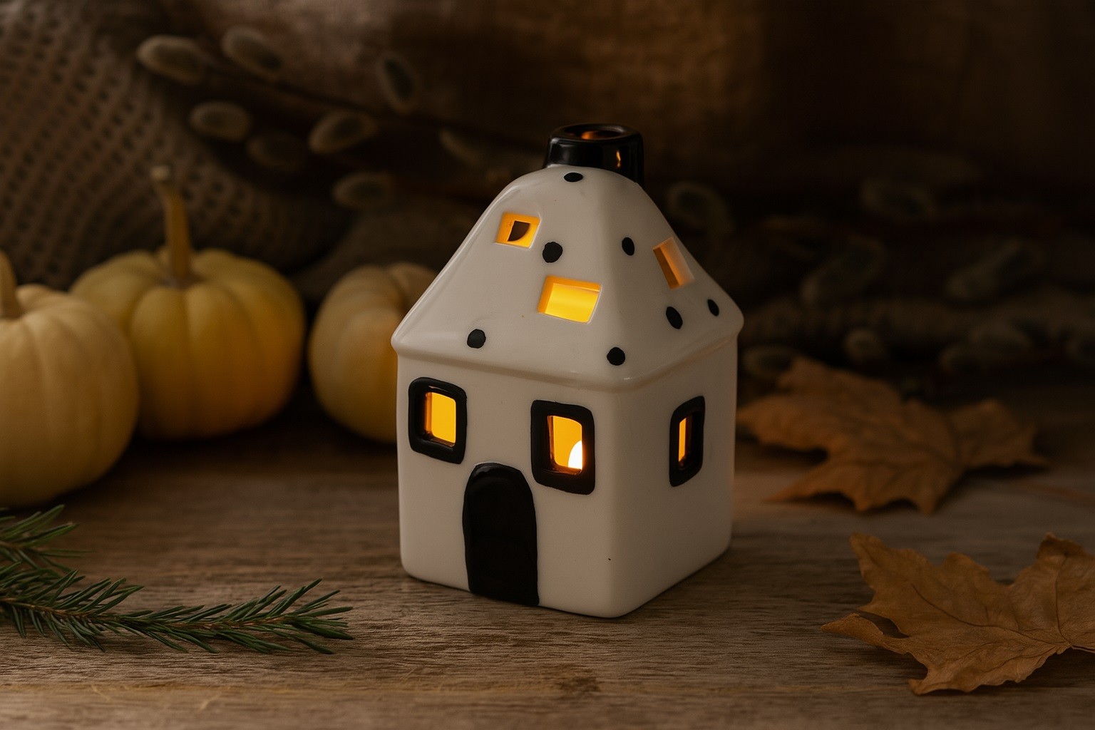 Domek ceramiczny na t-light biało-czarny 11 cm