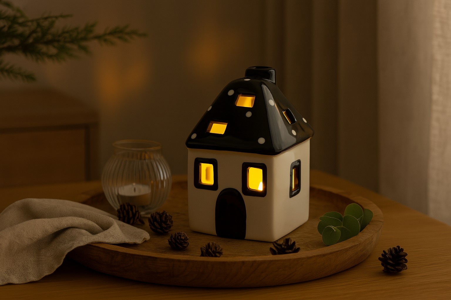 Domek ceramiczny na t-light czarno-biały 15 cm