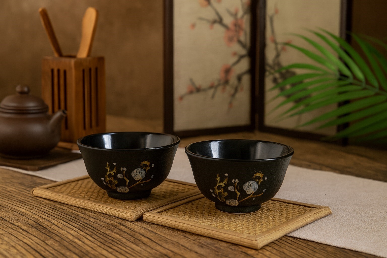 Żeliwny zestaw 2 czarek do herbaty Bird czarny Japanese