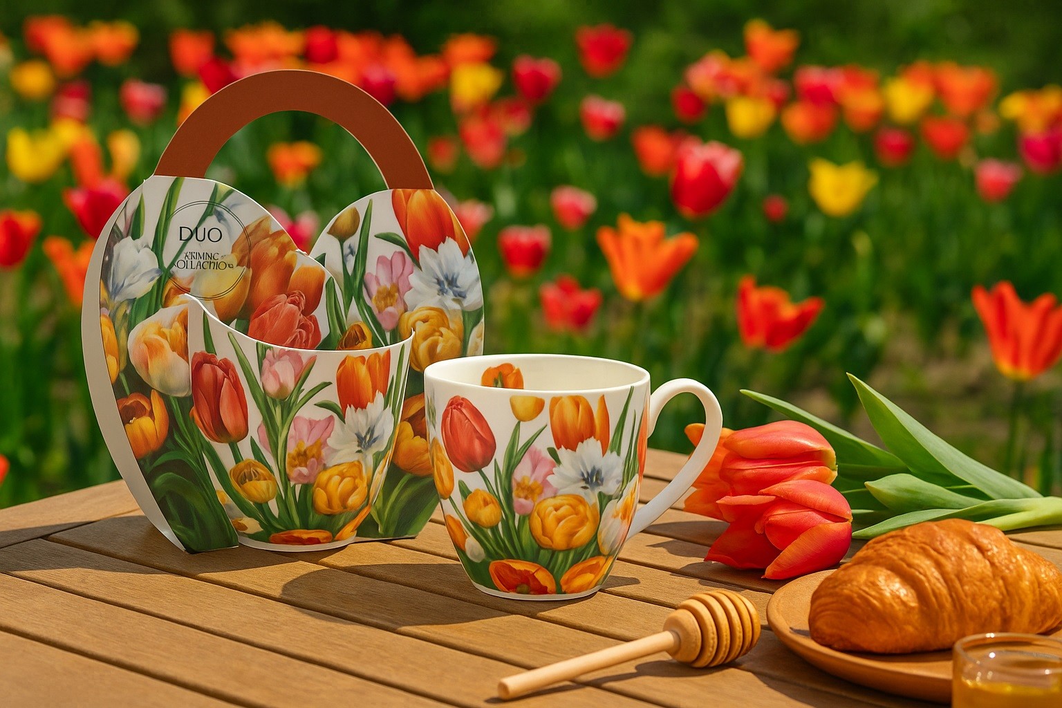 Kubek porcelanowy 460 ml Tulipany w koszyczku