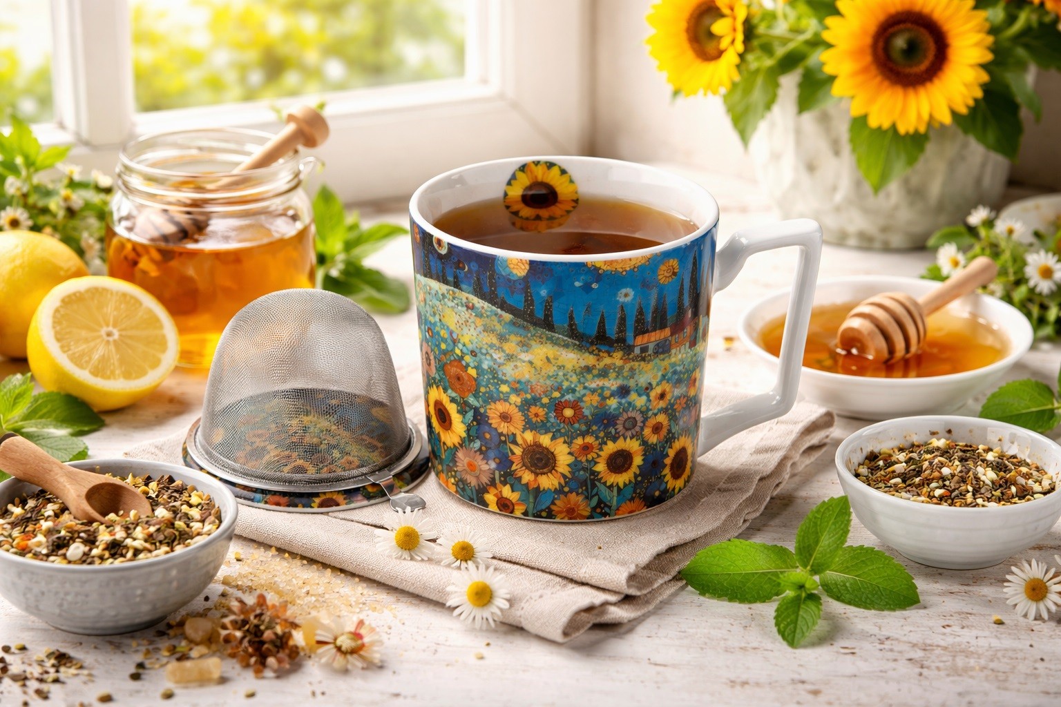 Kubek porcelanowy 450 ml z zaparzaczem Modern Sunflower Field