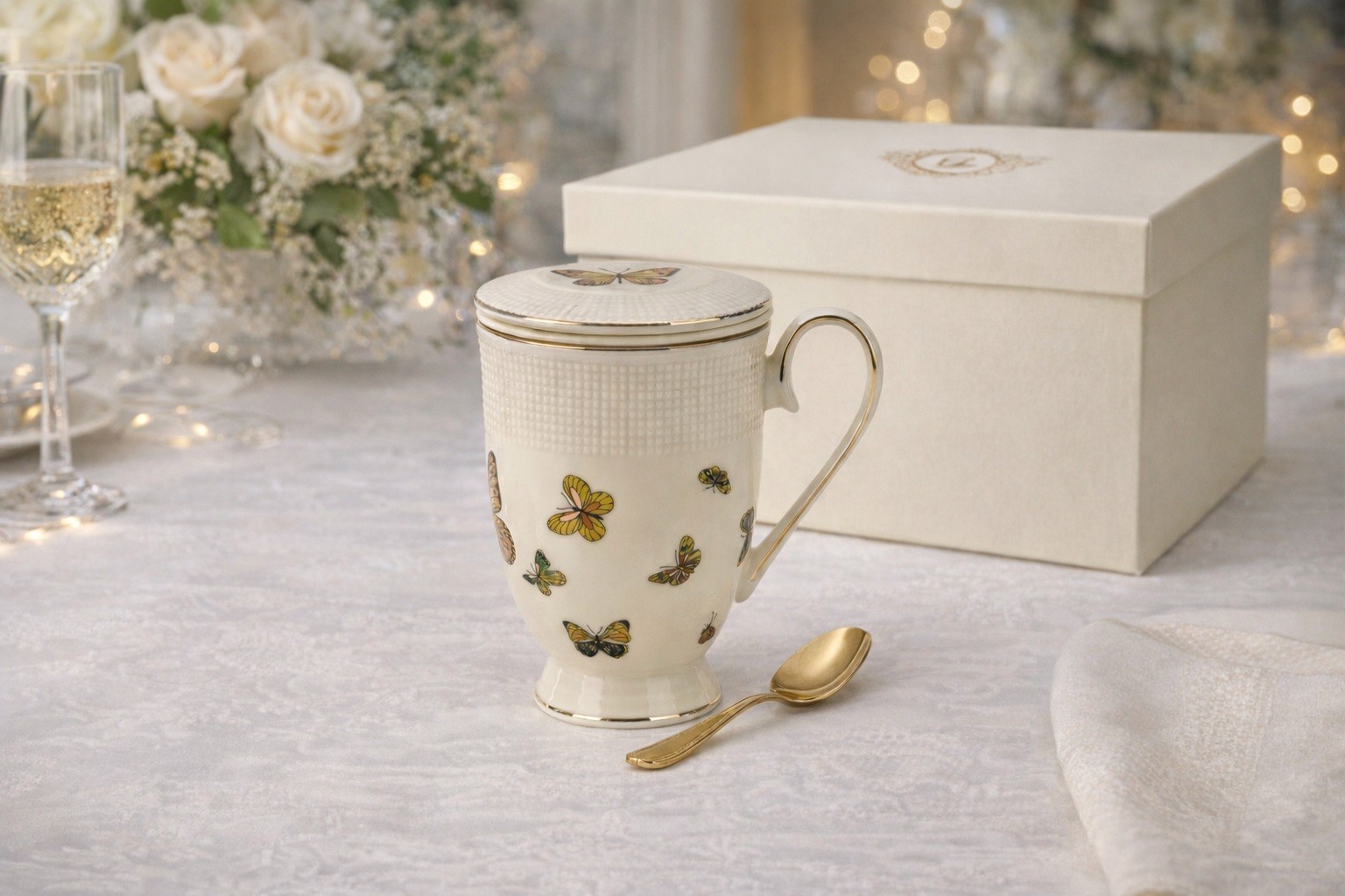 Kubek porcelanowy 400 ml z zaparzaczem Motylki