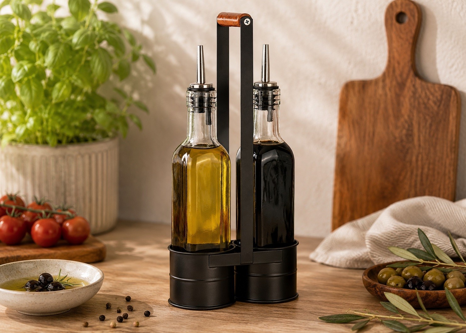Butelki na oliwę i ocet szklane w stojaku 2x250 ml 3 el.