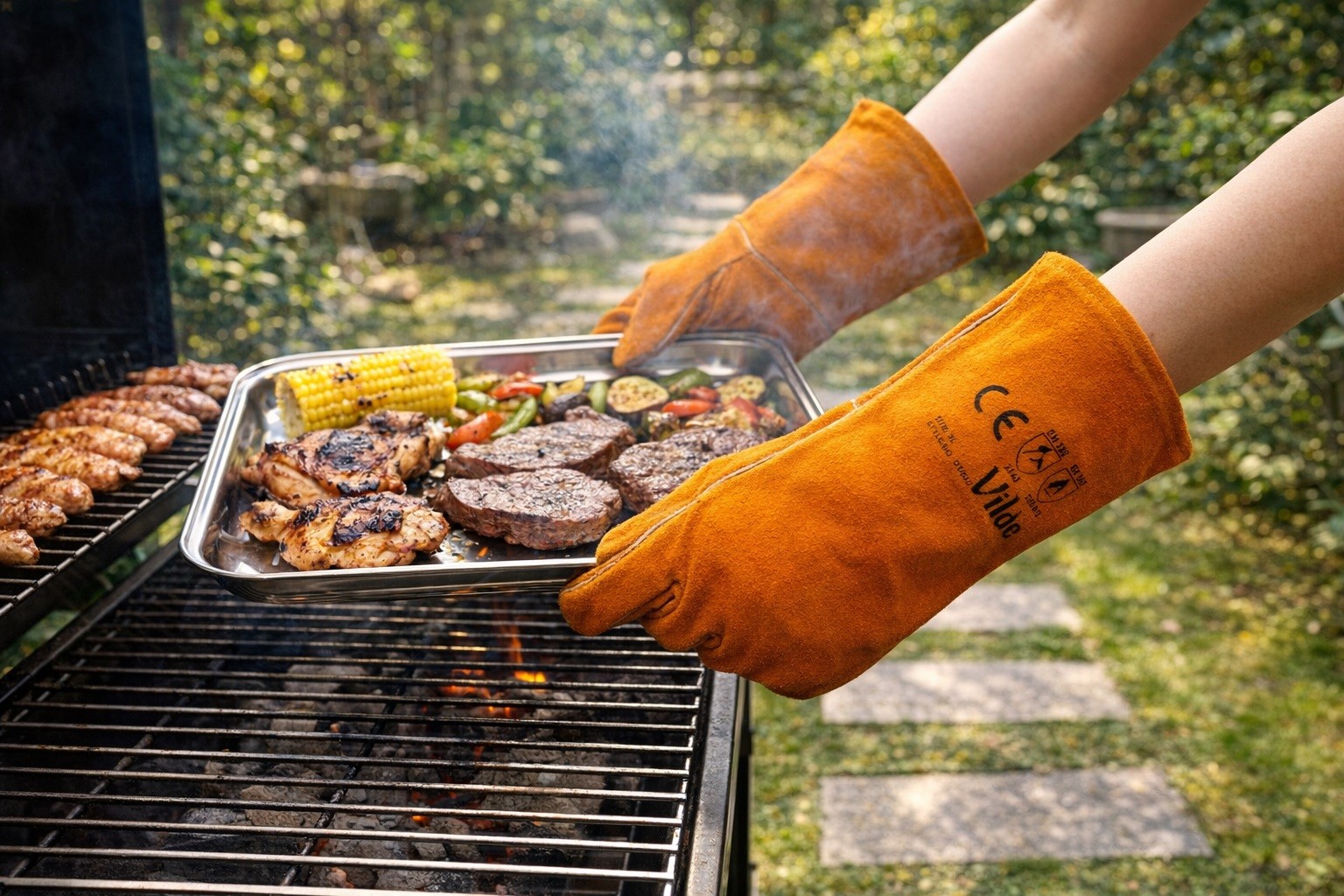 Rękawice ochronne do grilla XL Vilde skórzane żaroodporne do piekarnika i BBQ