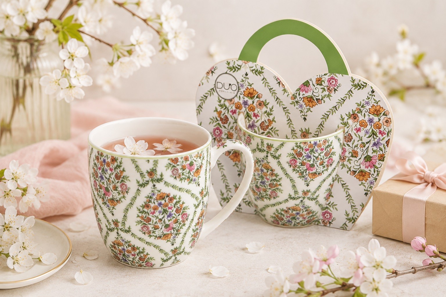 Kubek porcelanowy 460 ml Fiori w koszyczku