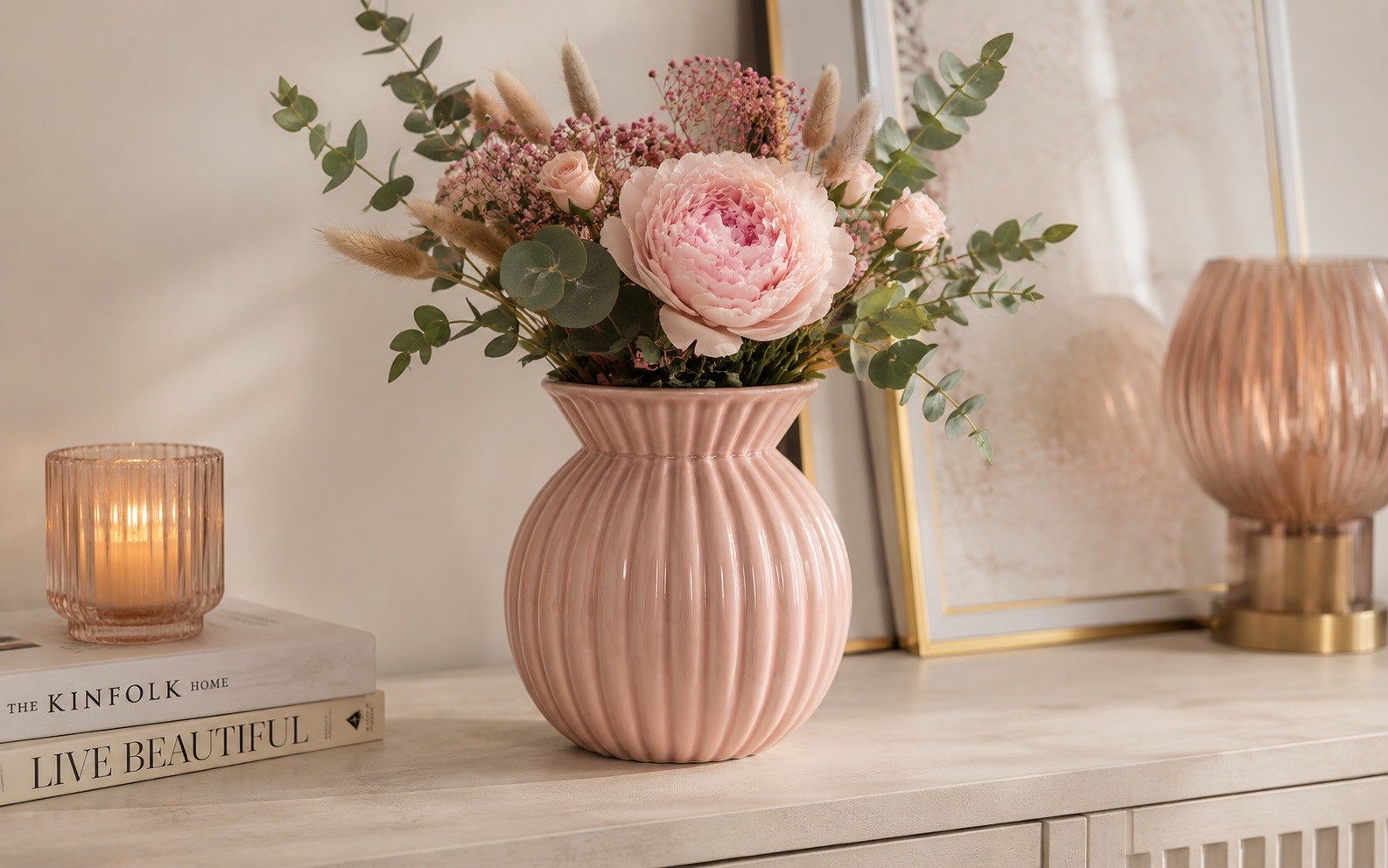 Wazon ceramiczny 19 cm prążkowany różówy 94953