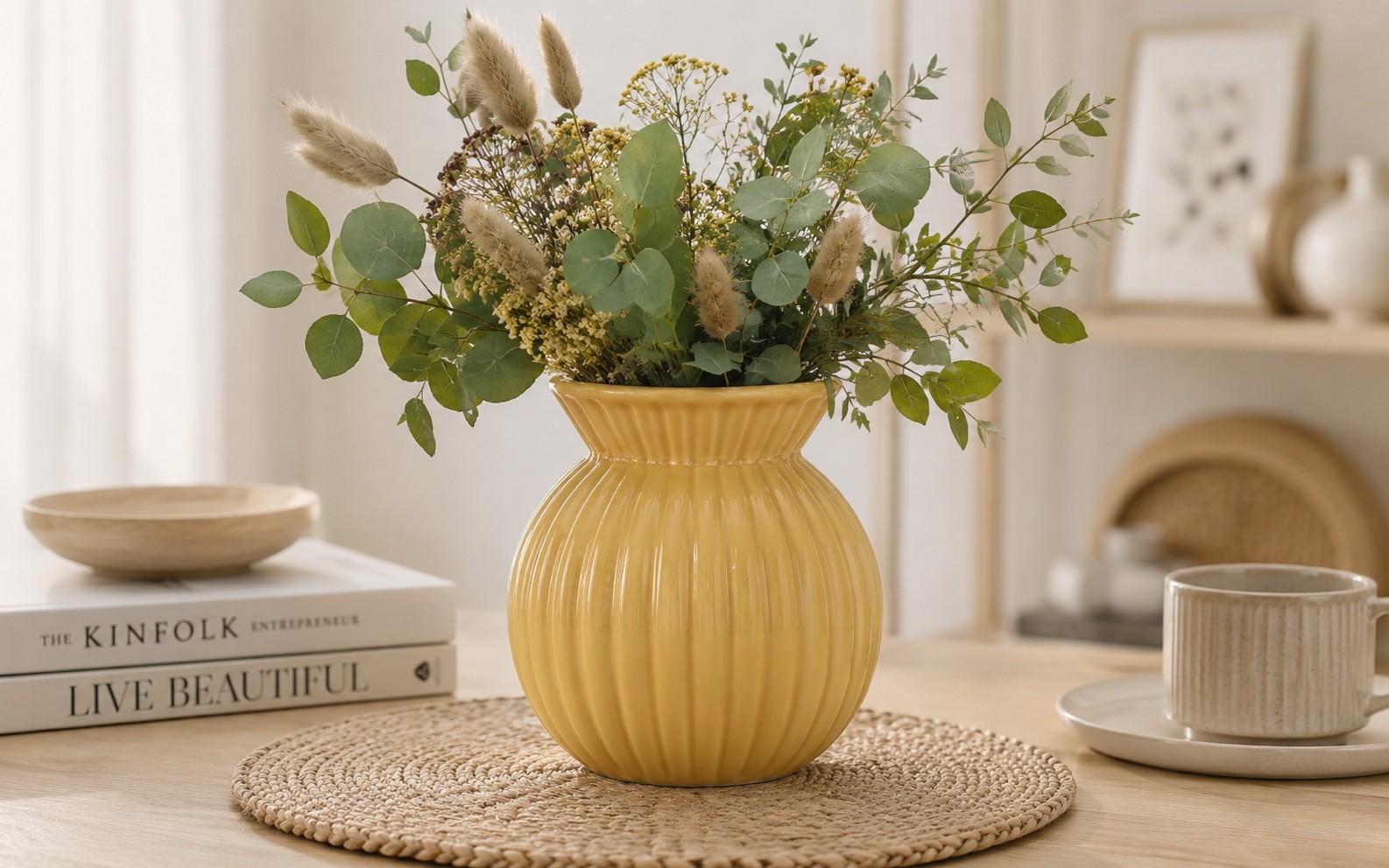 Wazon ceramiczny 19 cm prążkowany żółty 94960