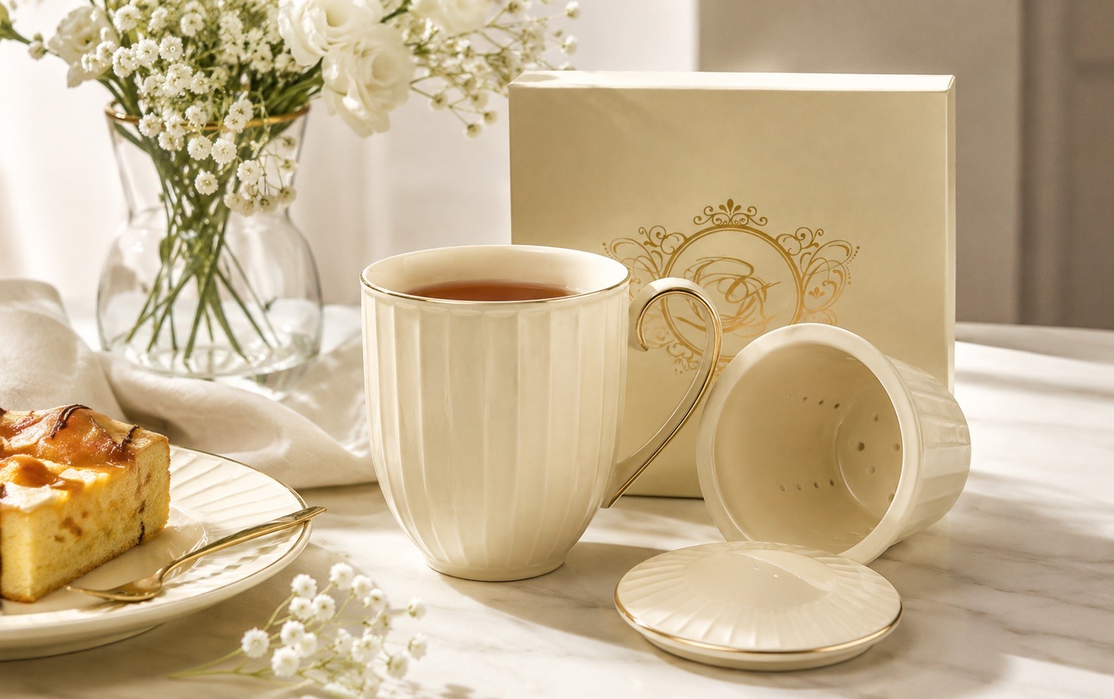 Kubek porcelanowy 400 ml z zaparzaczem Nina Ecru