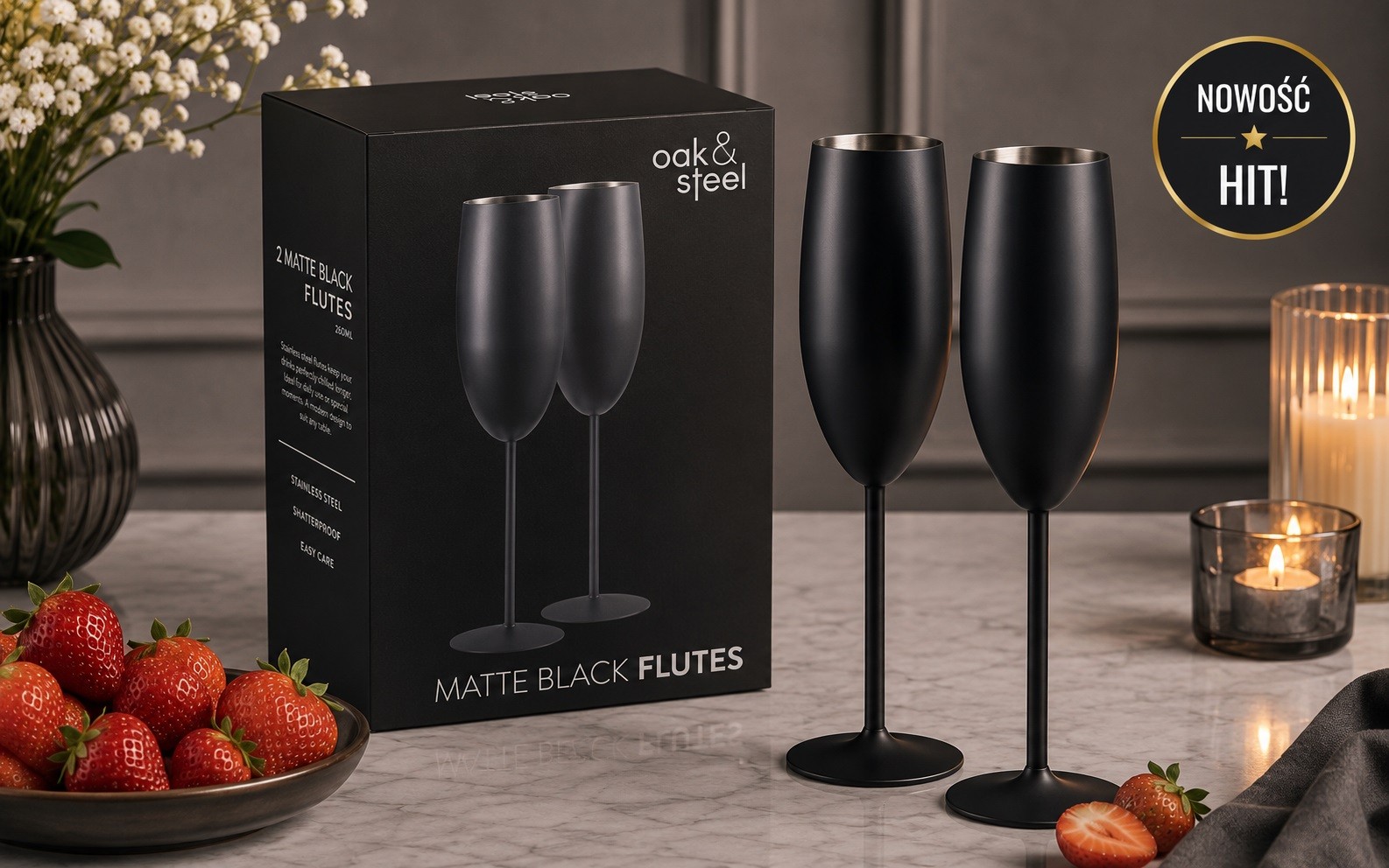 Komplet 2 kieliszków do szampana 280 ml czarne matowe nietłukące