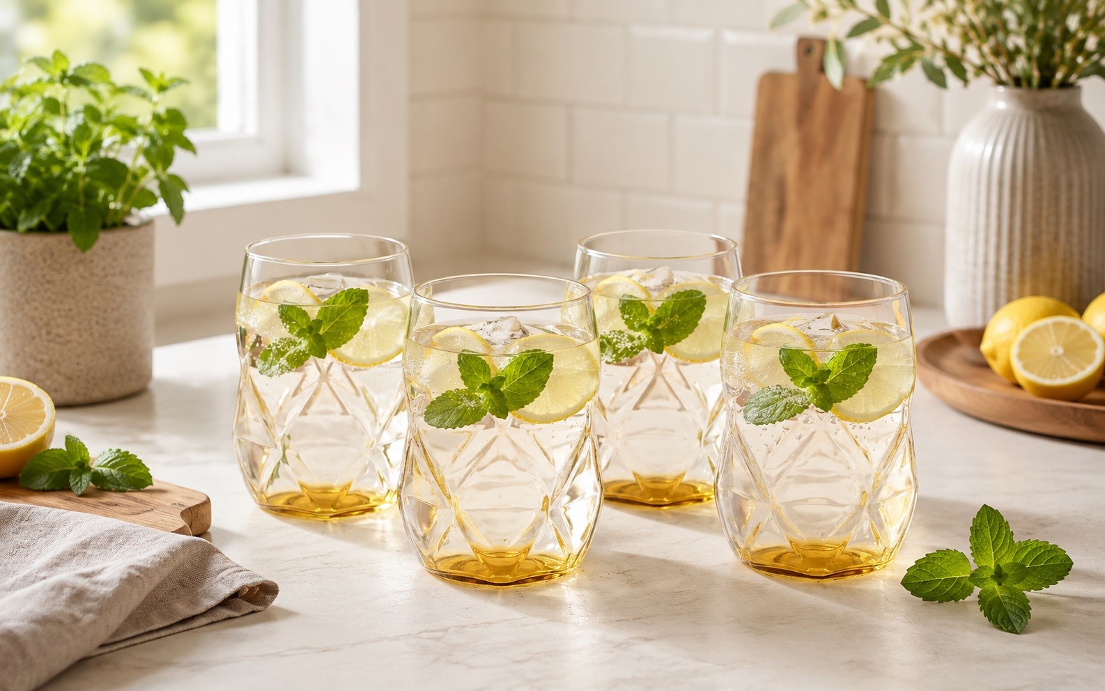 Komplet 4 szklanek z żółtym dnem 450 ml Geo Fondo Yellow 32170