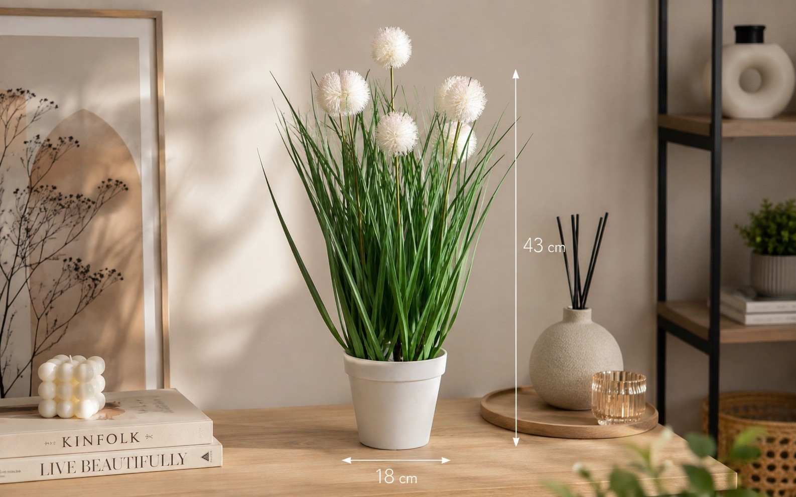 Sztuczna roślina Trawa Białe Kulki 43 cm